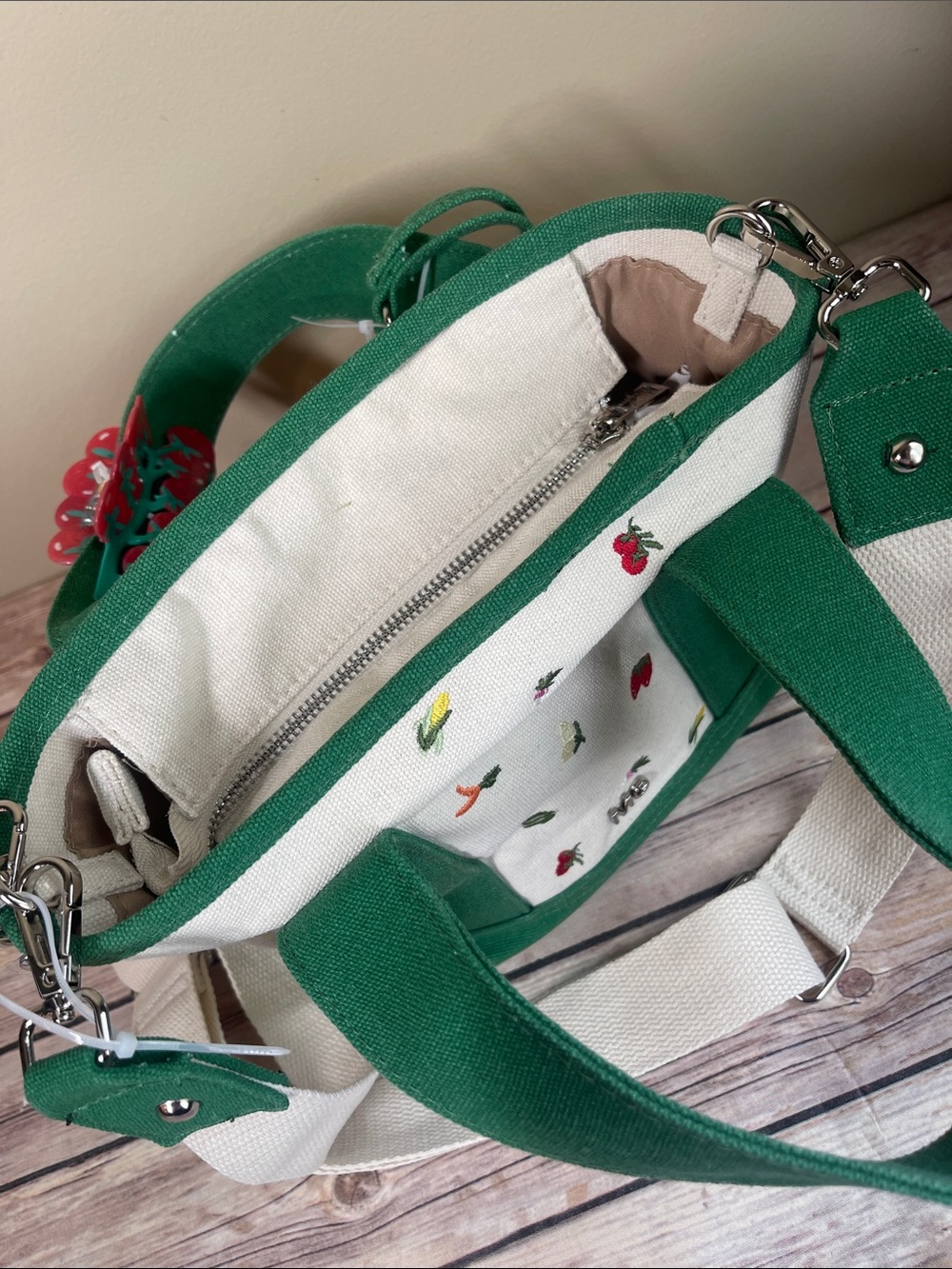 Madden Girl Green and Cream Crossbody Tote with Red Pom Pom - many extras! - Picture 12 of 16